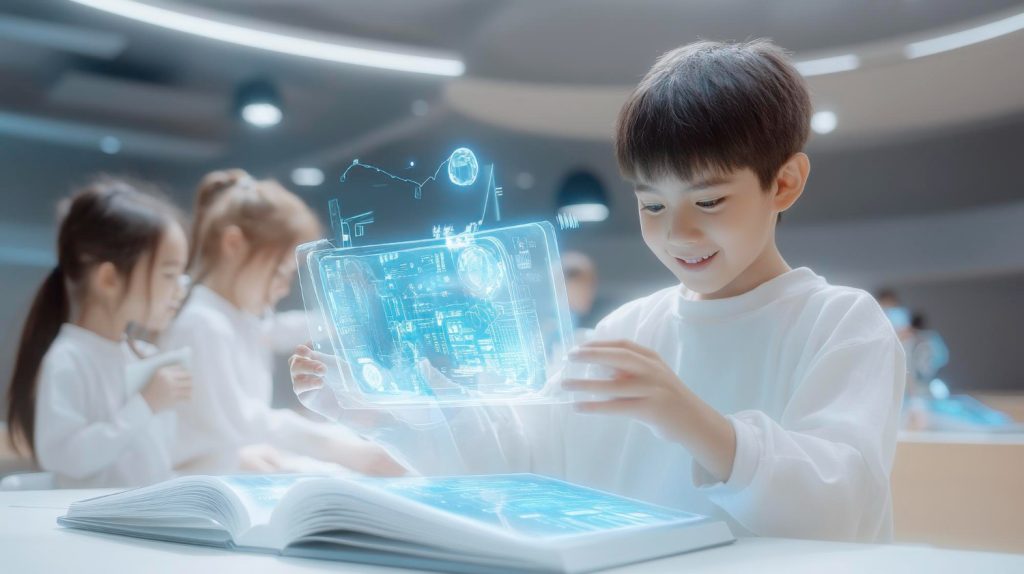 Futuristic classroom with advanced learning technology